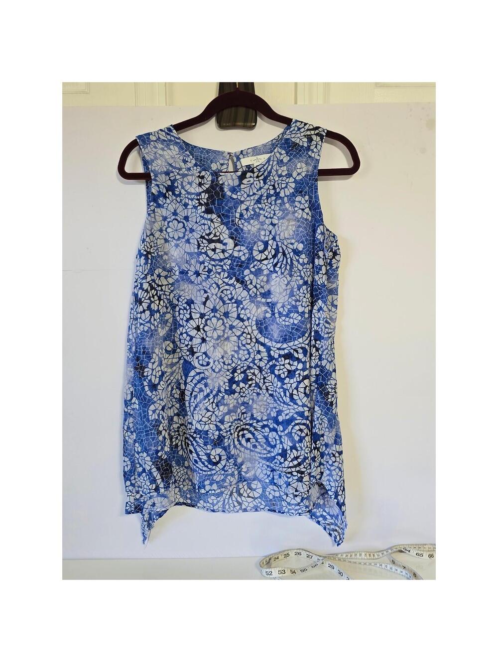 Fever Womens Blue White Floral Lace Print‎ Sleeveless Keyhole Neck Tank Top S
